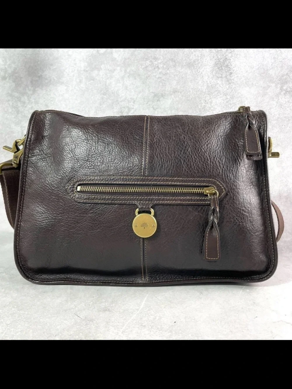 Mulberry Dark Brown Leather Messenger Bag with Brass Hardware